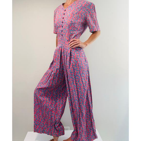 Vintage 1980s-1990s Rayon One Piece Jumpsuit Sigrid Olsen Pink Green Floral M JL - Picture 1 of 11